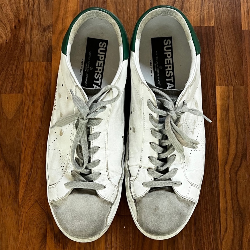 Golden Goose Superstar Men's Size 43 White and Gray with Green Heel